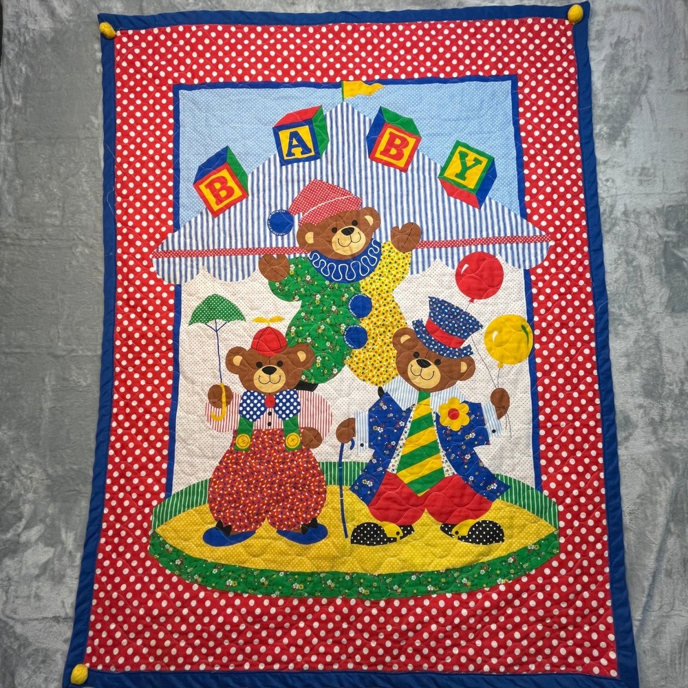 Handmade Baby Quilt Infant Multicolor Circus Teddy Bear Clown Polka Dot Patch